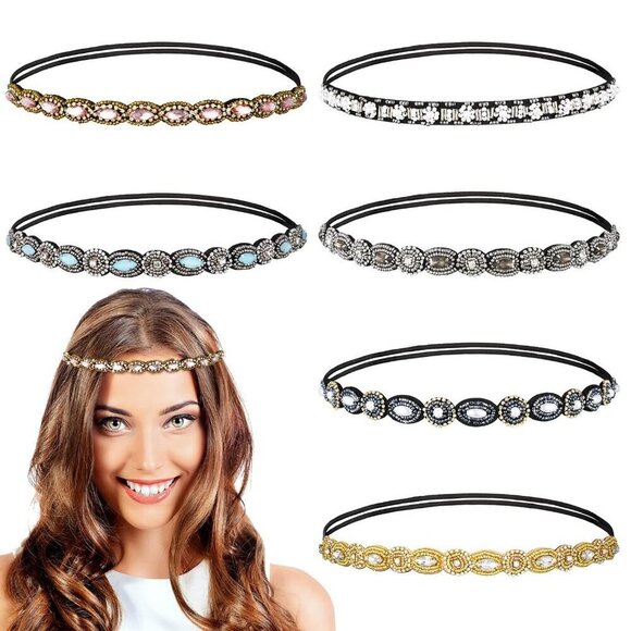 Accessories - 6 Pieces Rhinestone Beaded Headbands Elastic Rhinestone Headbands Vintage Crysta